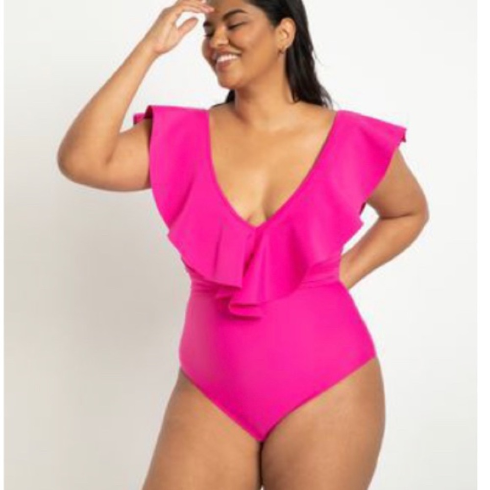 Eloquii One Piece Swimsuit Size 18 NWT Vibrant Pink Ruffle Detail